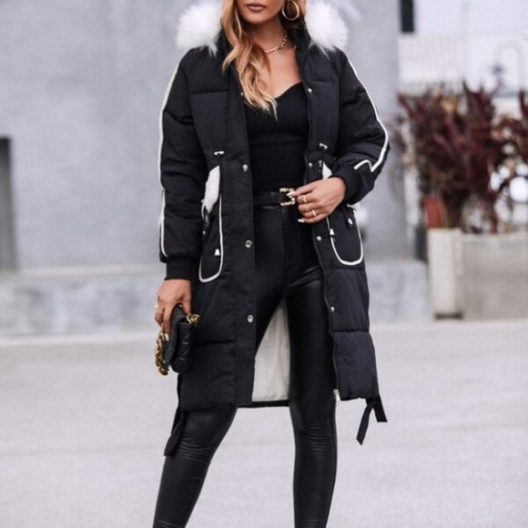 THE IT FACTOR Faux fur Trim Hooded Puffer Coat Bla - Picture 6 of 8